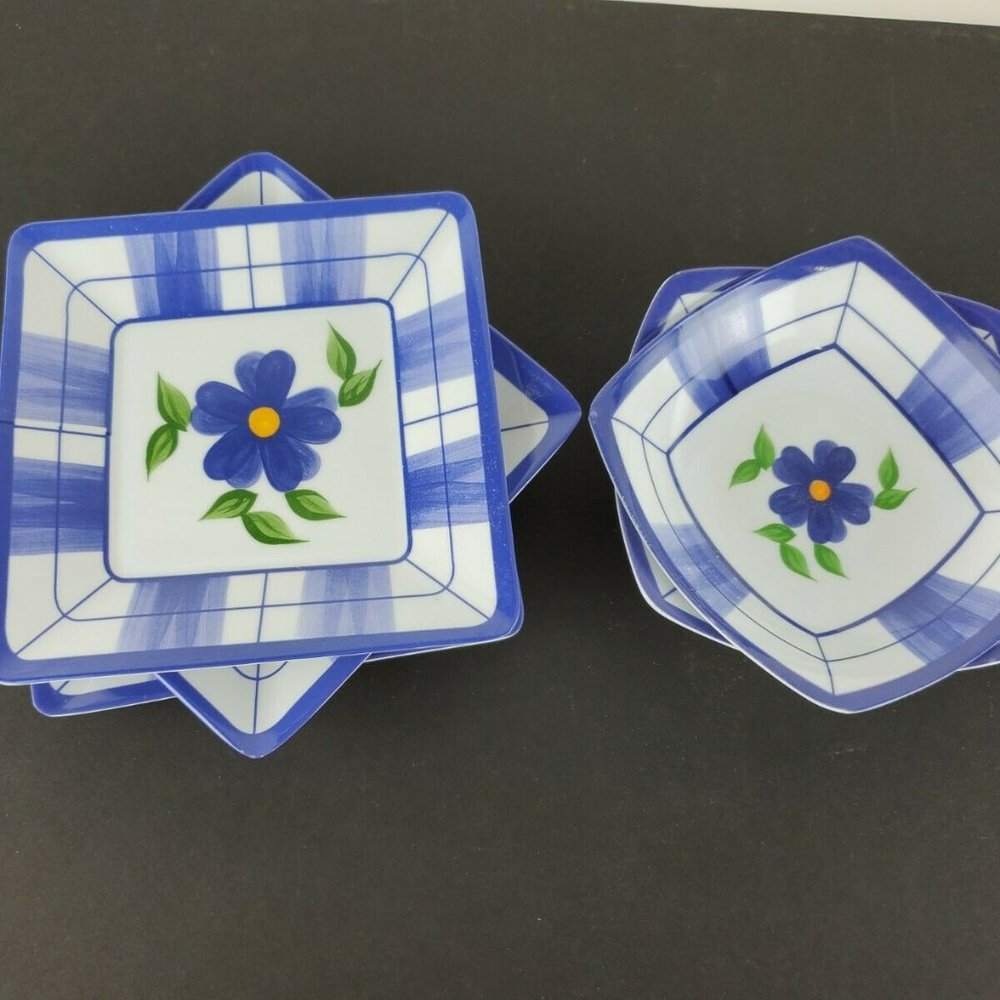 Melamine Ware Mixed Set of 5 Square Appetizer Plates & Bowls White Blue Floral